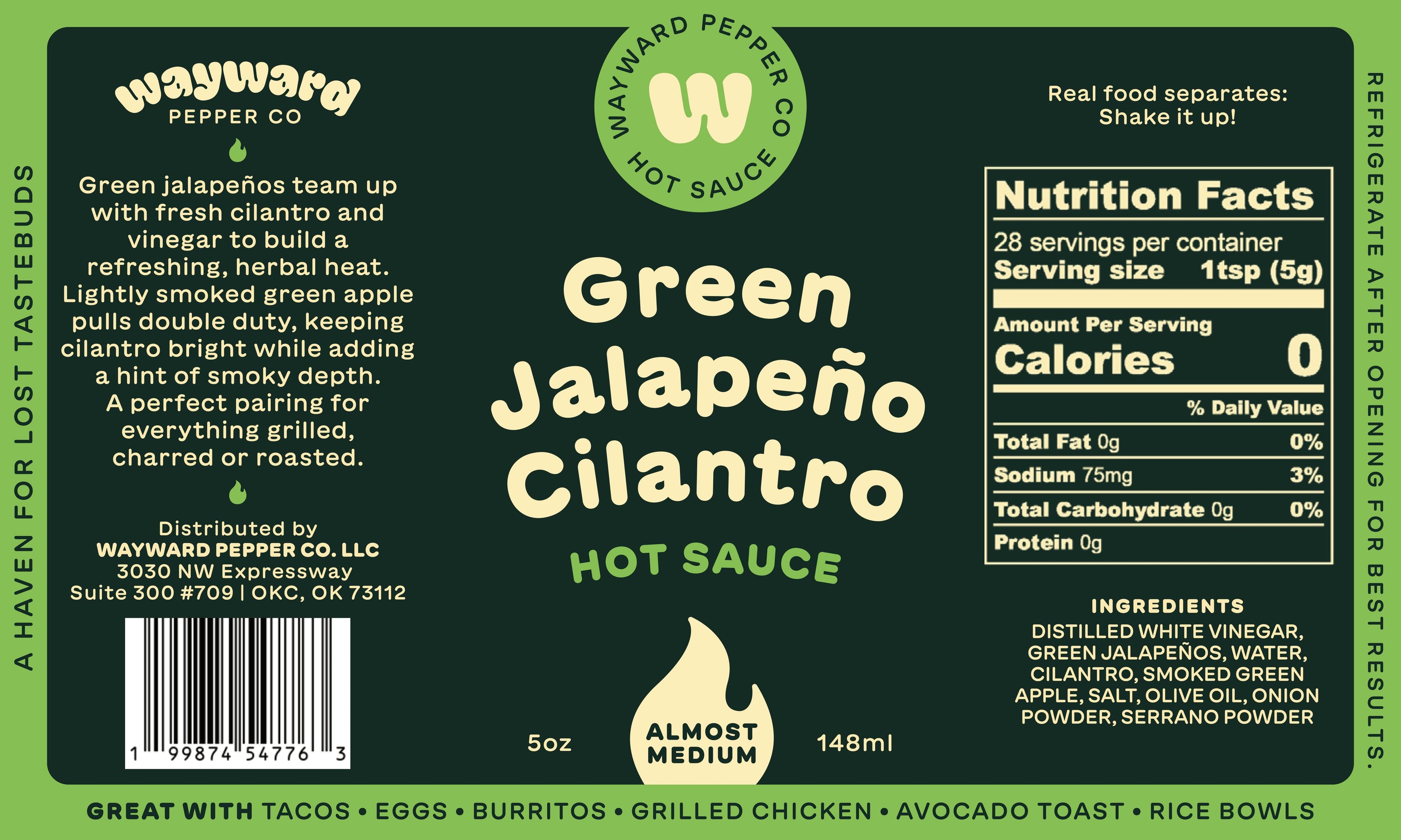 Green Jalapeño Cilantro hot sauce back label with ingredients and nutrition facts