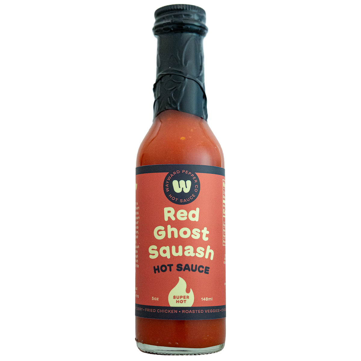 A bottle of Red Ghost Squash Hot Sauce from Wayward Pepper Company on a transparent background