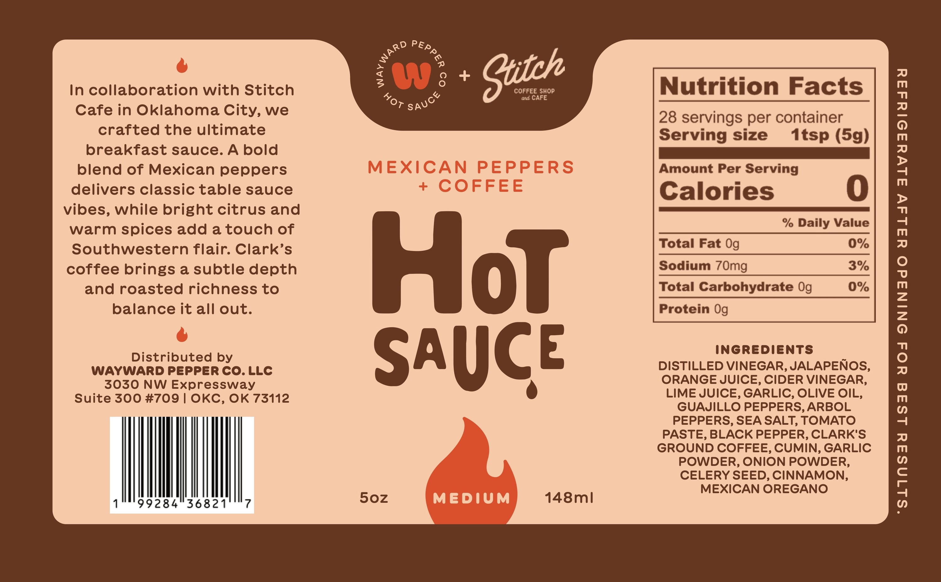 Mexican Peppers & Coffee hot sauce back label with ingredients and nutrition facts