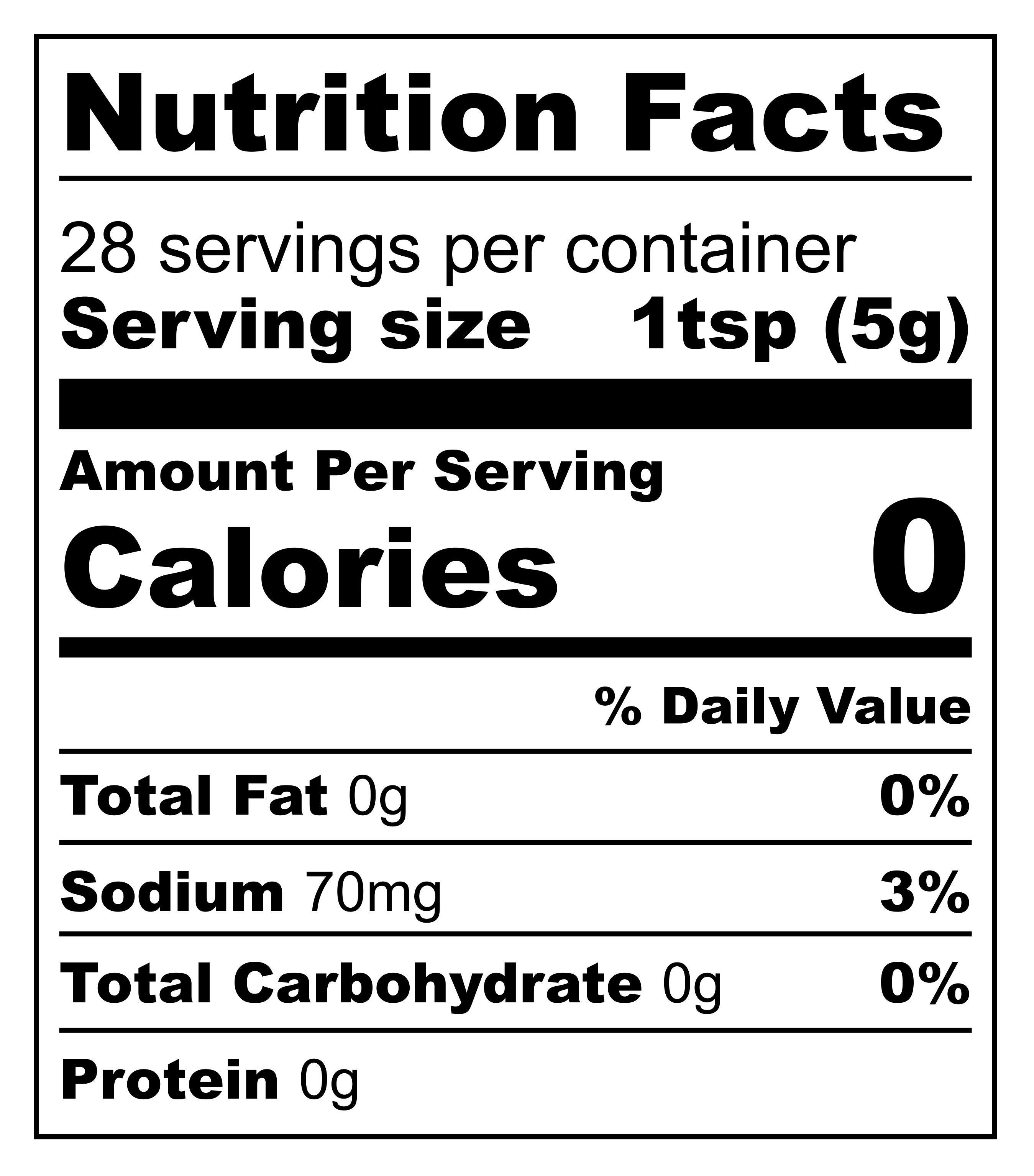 Nutrition facts label with serving size, calories, fat, sodium, carbohydrate, and protein information.