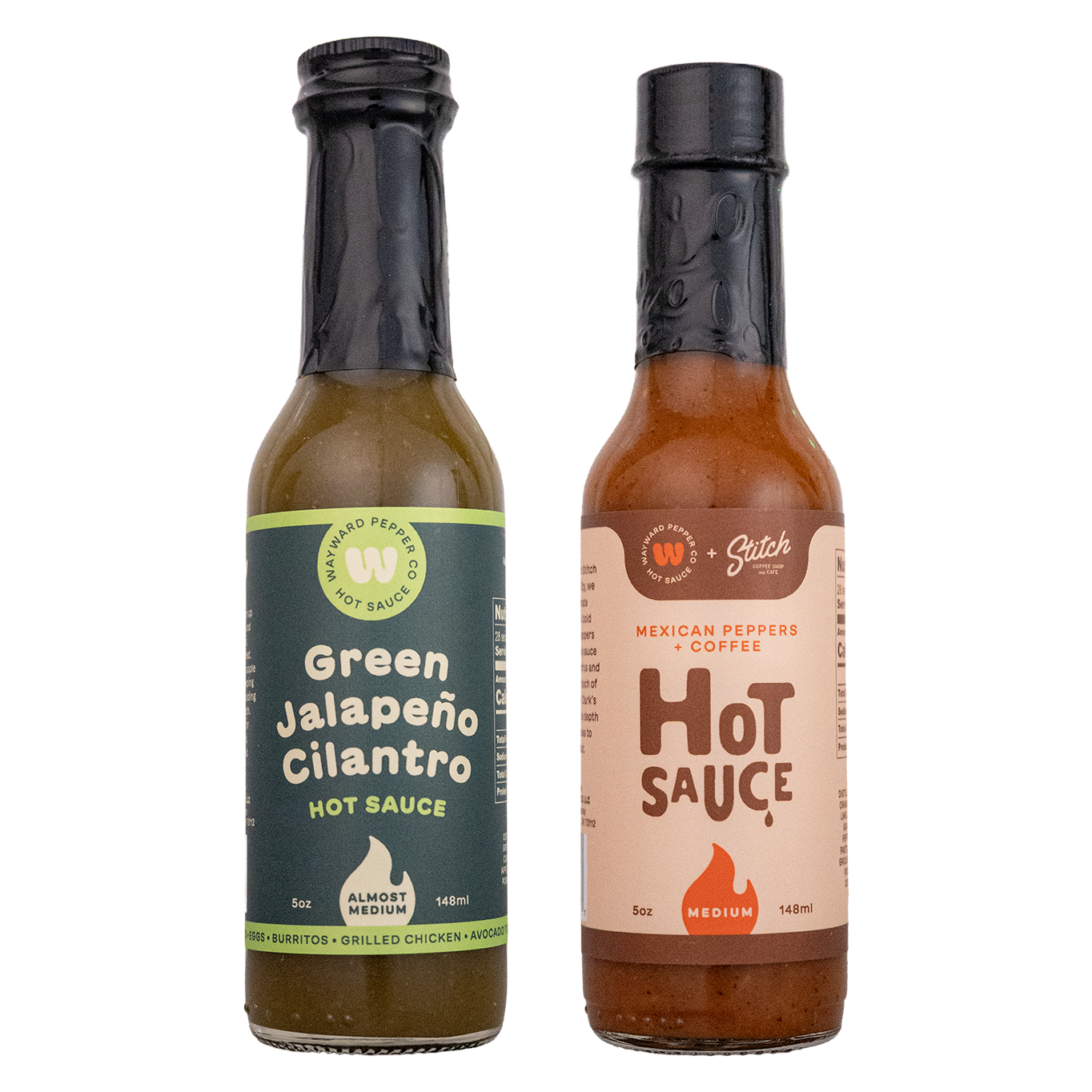 Daily Duo Bundle: Green Jalapeño Cilantro and Mexican Peppers & Coffee hot sauce bottles side by side