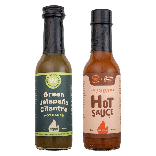 Daily Duo Bundle: Green Jalapeño Cilantro and Mexican Peppers & Coffee hot sauce bottles side by side