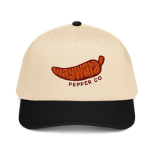 Wayward 5 Panel Cap with orange and maroon logo on a black and natural cap