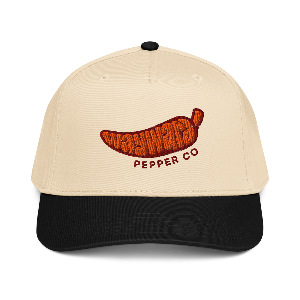Wayward 5 Panel Cap with orange and maroon logo on a black and natural cap