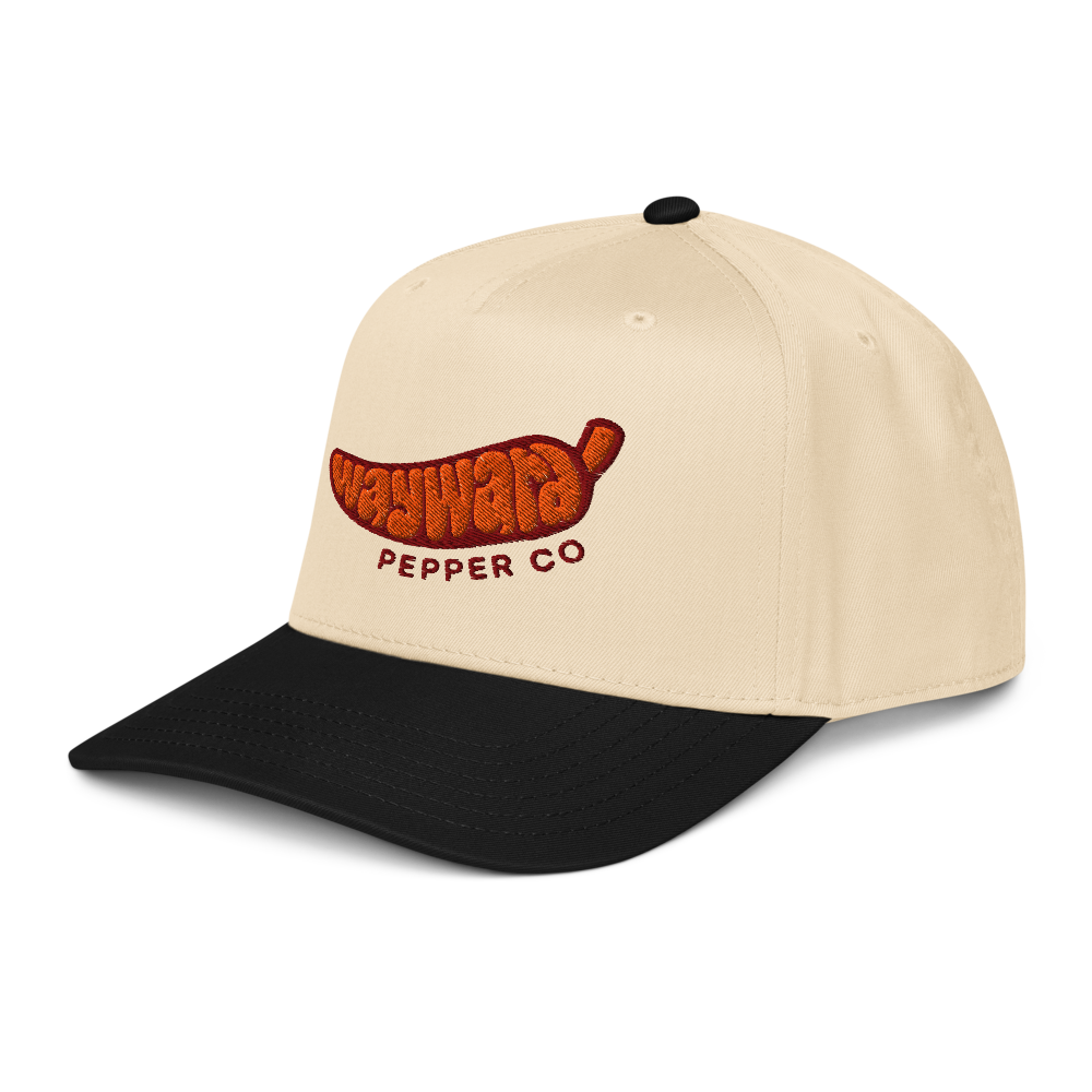 Wayward 5 Panel Cap with orange logo, left front view