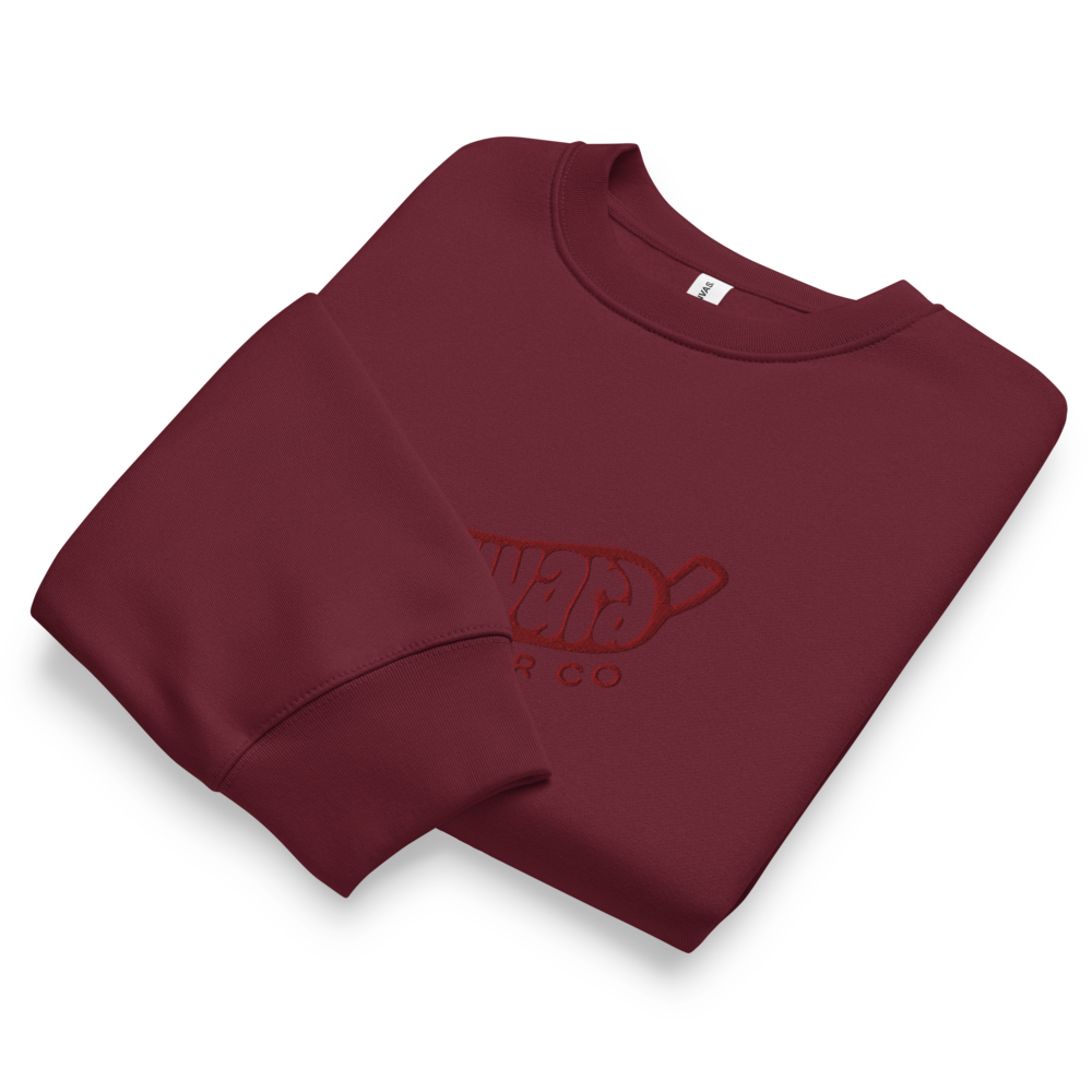 Wayward Embroidered Crewneck in Maroon, folded, showing the tone on tone embroidered logo