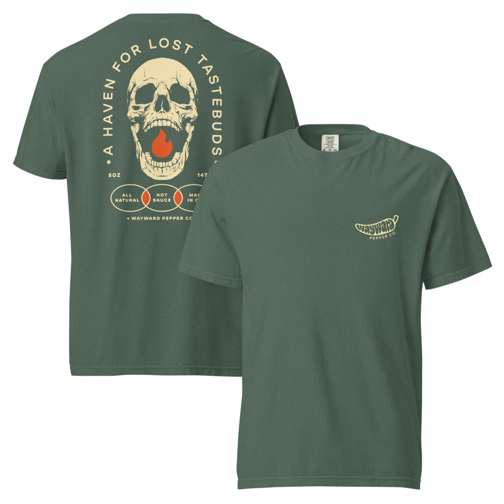Wayward tee in Blue Spruce, front and back